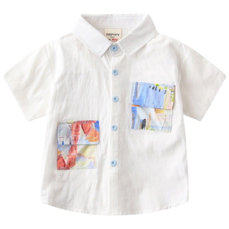 Boys' White Short Sleeve Shirt with Colorful Pocket Print
