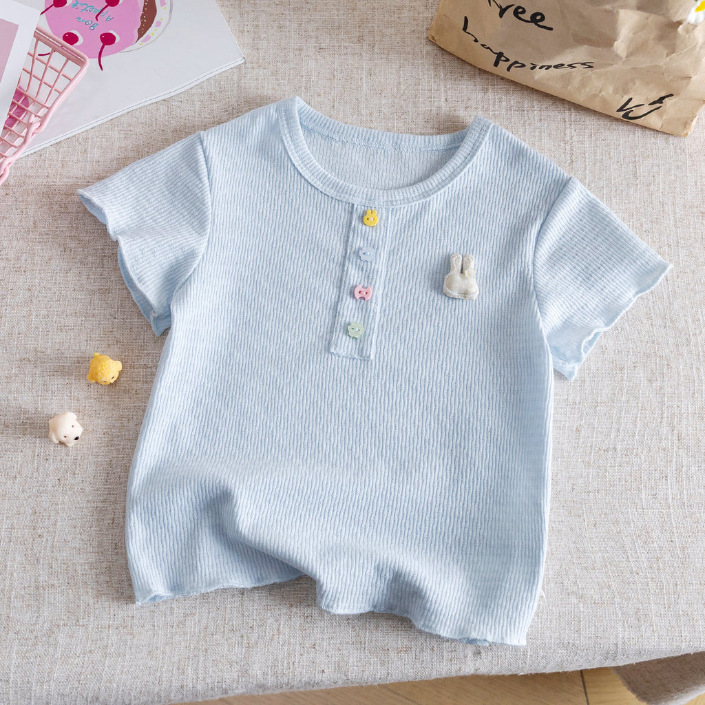 Ribbed Cotton Short Sleeve Baby Top with Bunny Patch