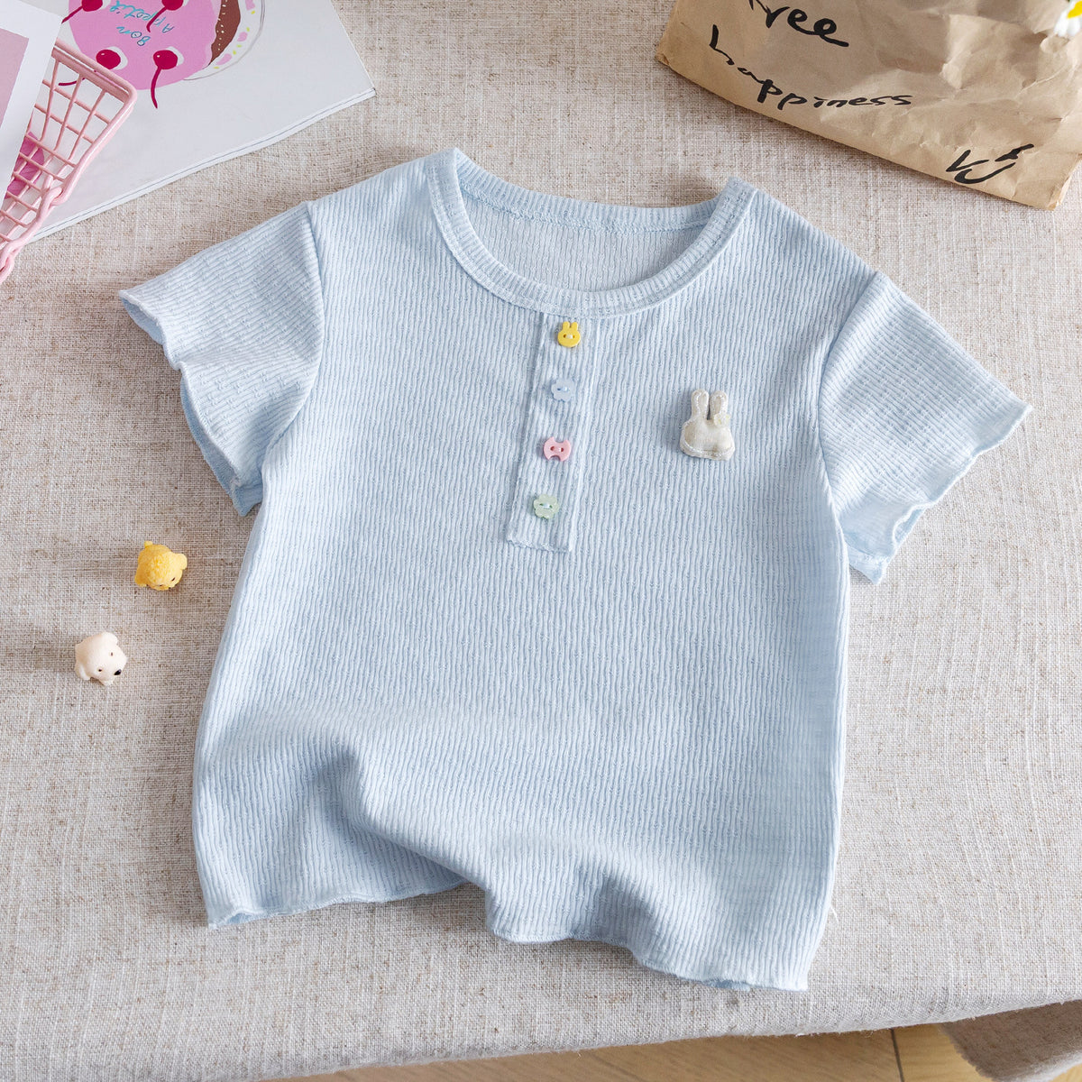 Ribbed Cotton Short Sleeve Baby Top with Bunny Patch