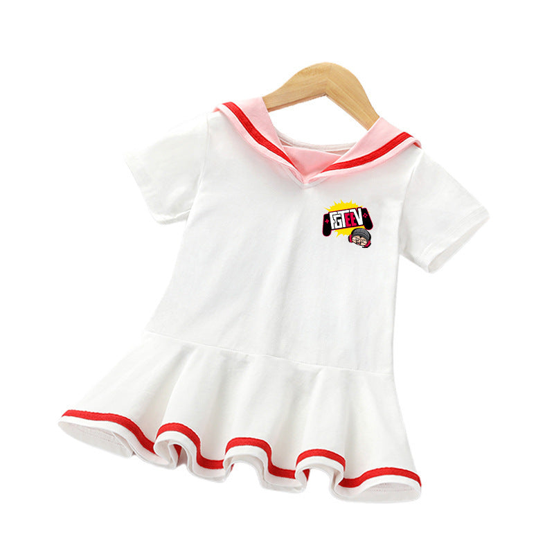 Sailor Collar Ruffle Dress – Girls Casual Cotton Dress