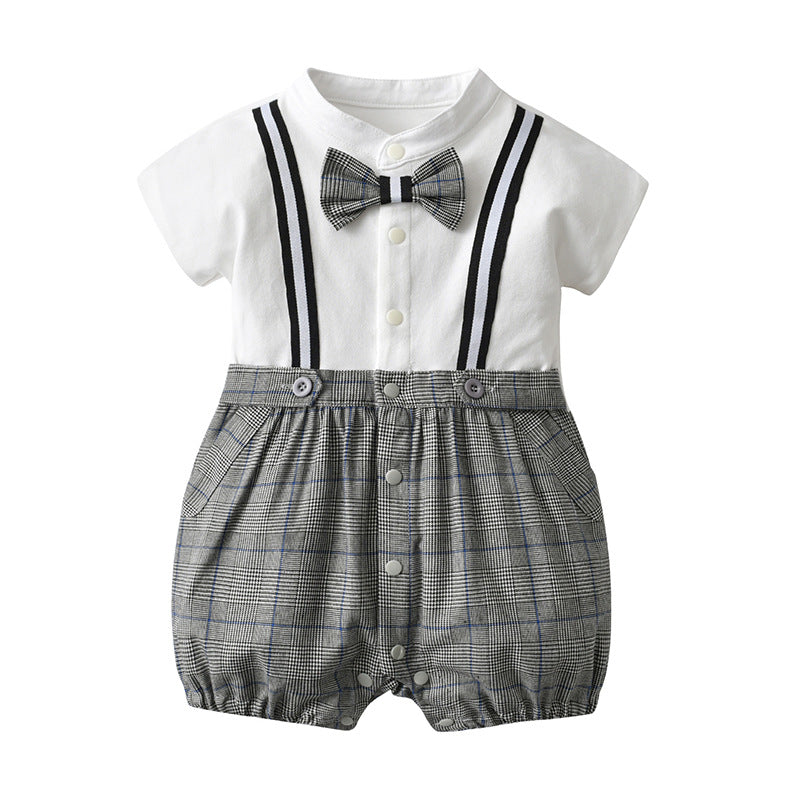 Boys' Gentleman Bow-Tie Plaid Short Sleeve Romper