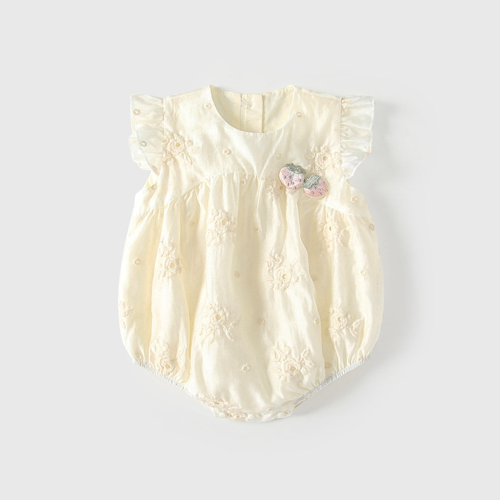 Girls' Cream Floral Embroidered Flutter Sleeve Romper