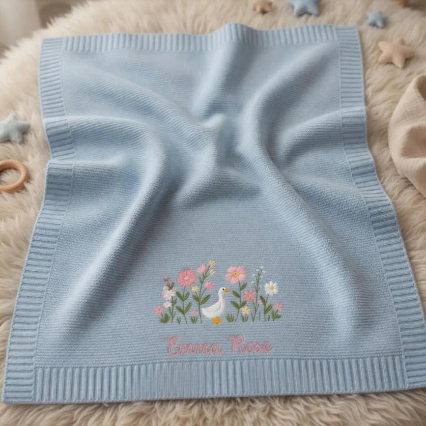 Personalized Knitted Baby Blanket with Embroidered Bear