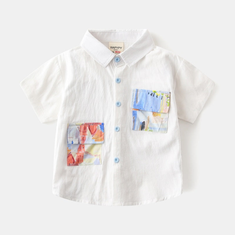 Boys' White Short Sleeve Shirt with Colorful Pocket Print