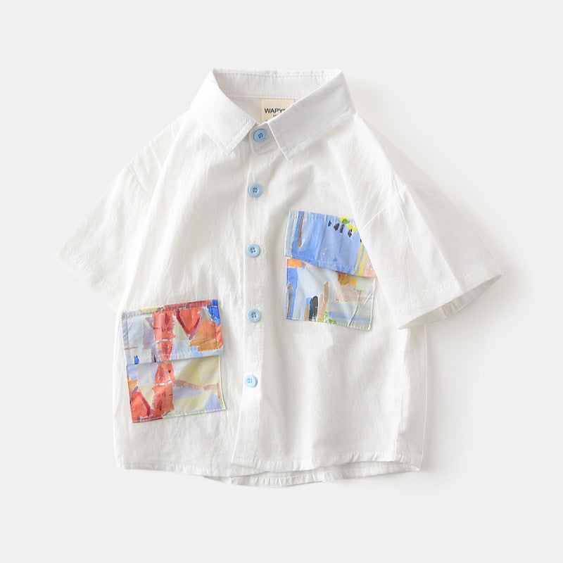 Boys' White Short Sleeve Shirt with Colorful Pocket Print