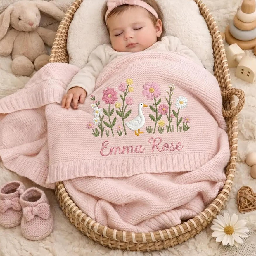 Personalized Knitted Baby Blanket with Embroidered Bear