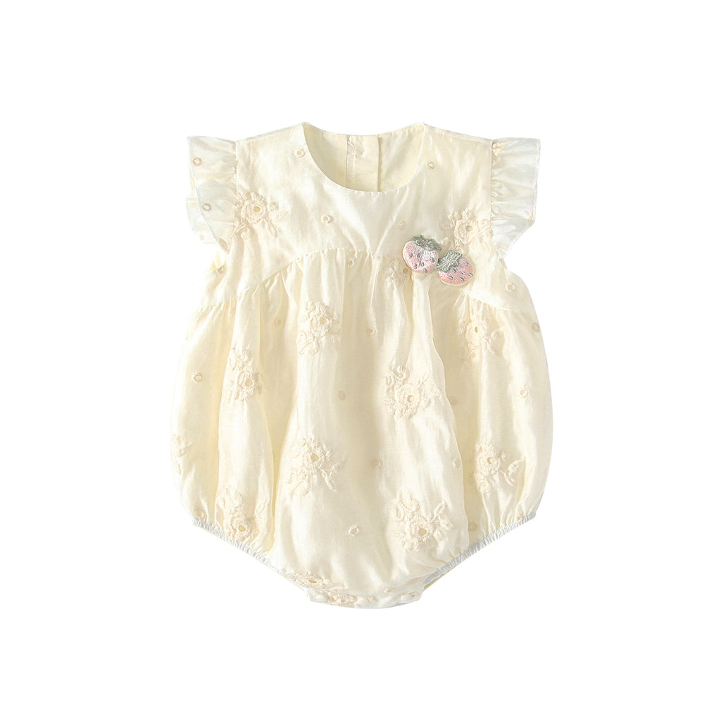 Girls' Cream Floral Embroidered Flutter Sleeve Romper