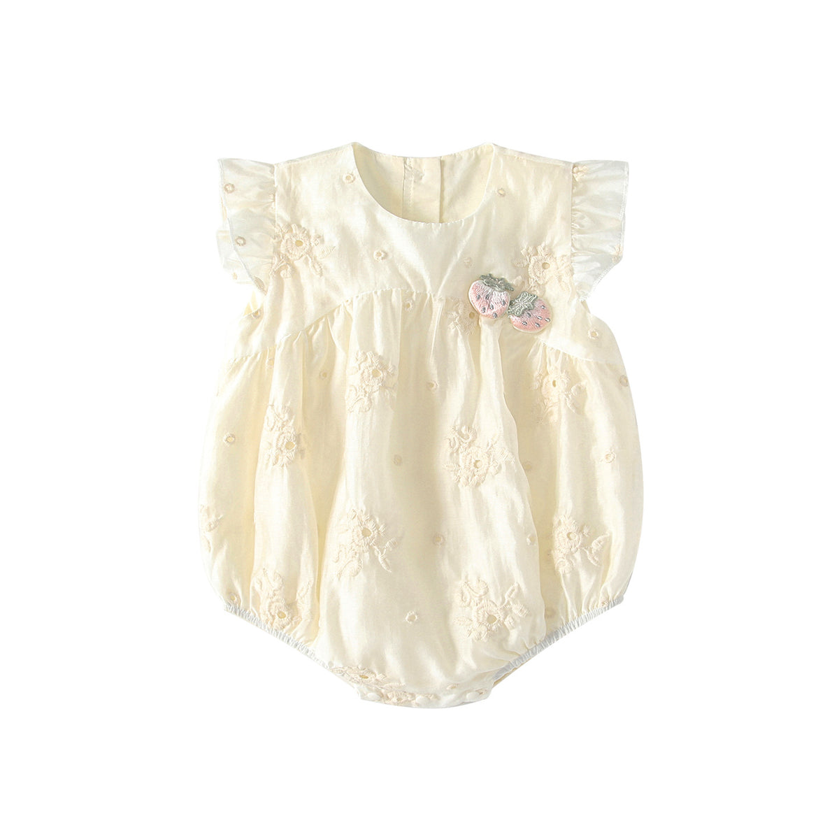 Girls' Cream Floral Embroidered Flutter Sleeve Romper