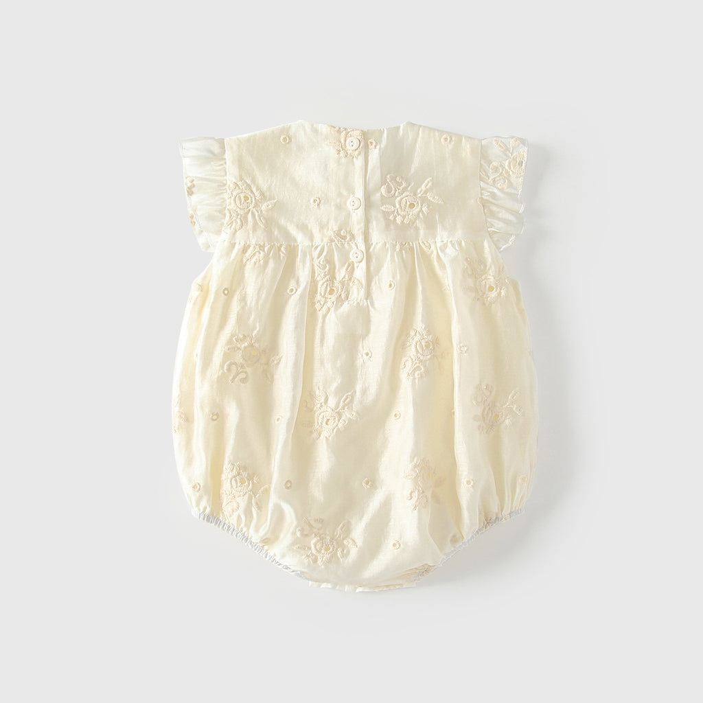 Girls' Cream Floral Embroidered Flutter Sleeve Romper