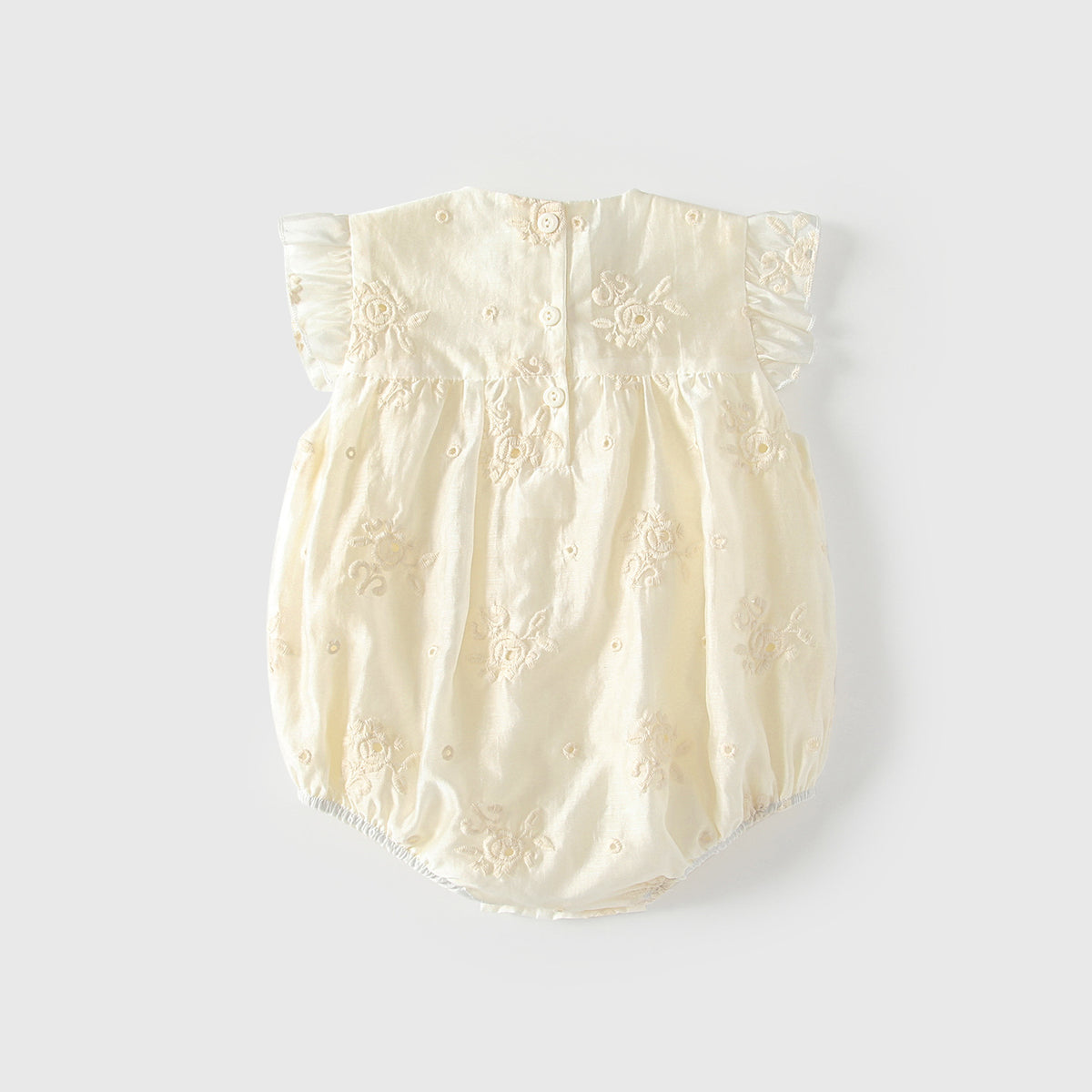 Girls' Cream Floral Embroidered Flutter Sleeve Romper