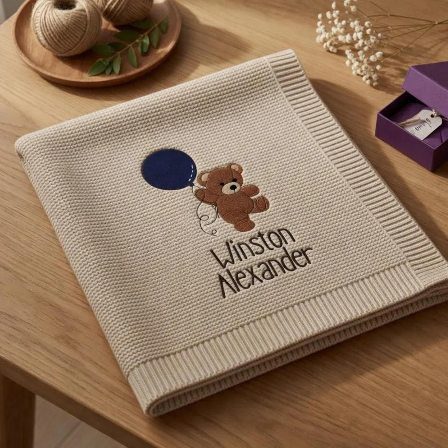 Personalized Knitted Baby Blanket with Embroidered Bear