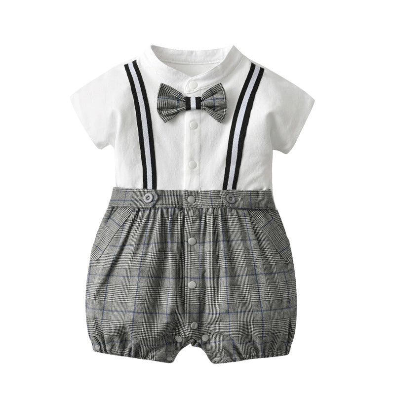 Boys' Gentleman Bow-Tie Plaid Short Sleeve Romper