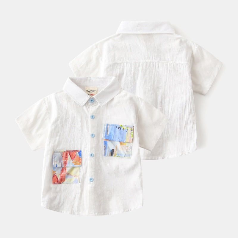 Boys' White Short Sleeve Shirt with Colorful Pocket Print