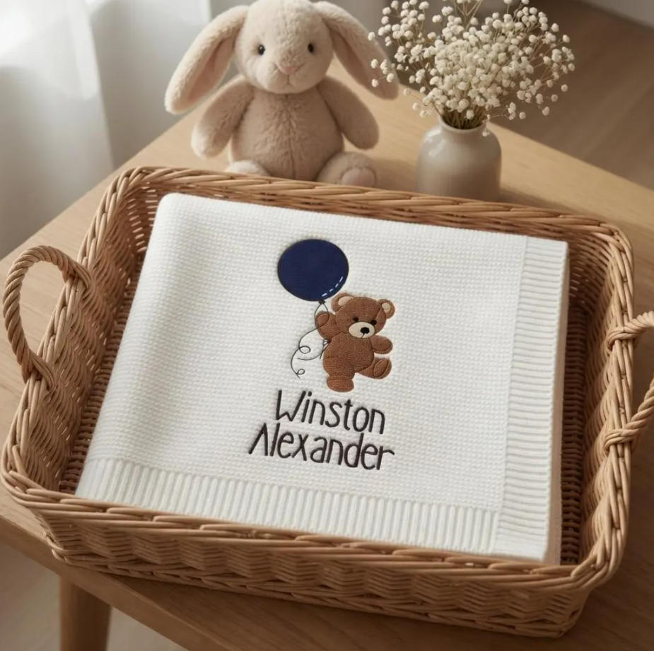 Personalized Knitted Baby Blanket with Embroidered Bear