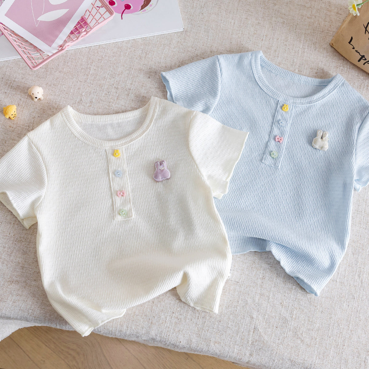 Ribbed Cotton Short Sleeve Baby Top with Bunny Patch