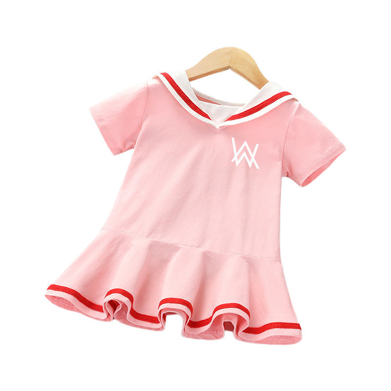 Sailor Collar Ruffle Dress – Green with Logo Print