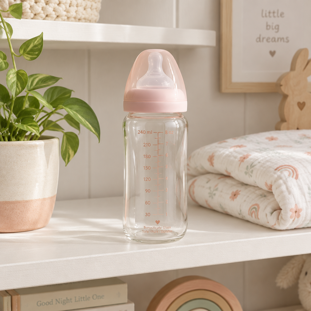 Borosilicate glass baby bottle styled on a cozy nursery shelf with a plant and pastel swaddle blanket